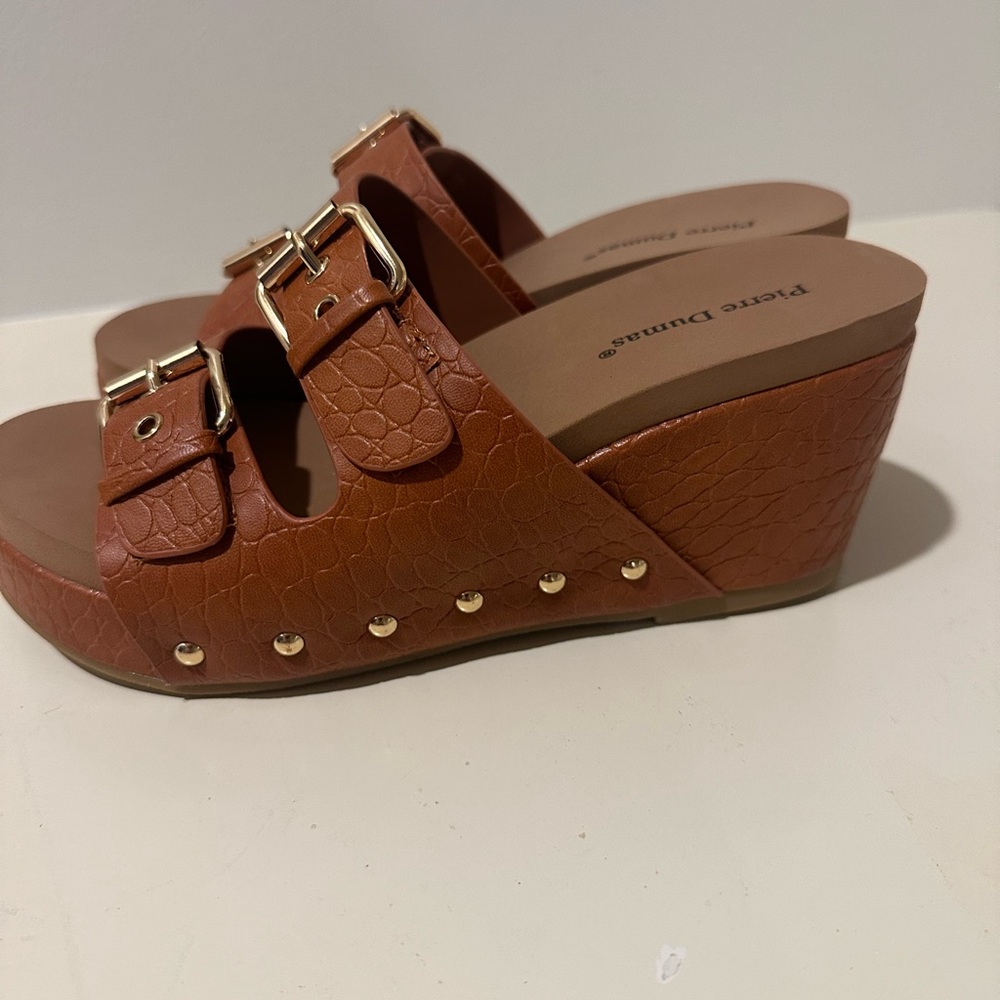 Pierre Dumas Brown Croc-Texture Wedge Slide Sandals with Gold Buckles
